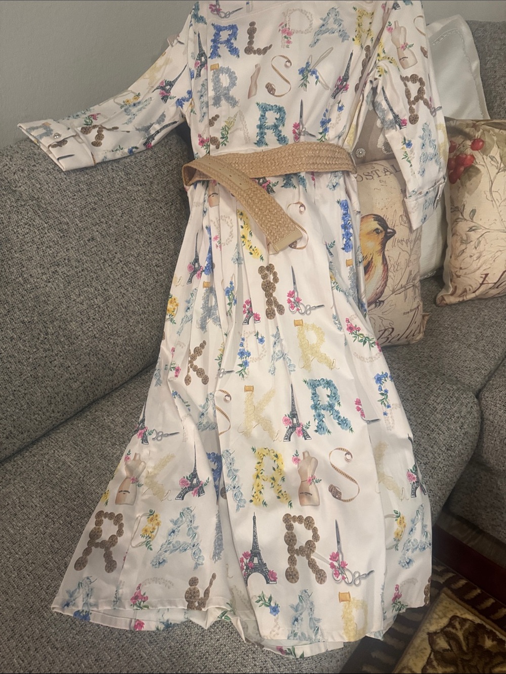 Karl Lagerfeld Cream Floral & Travel Motif Shirt Dress with Raffia Belt - Picture 8 of 12